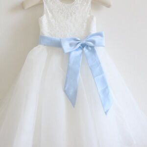 White Lace Toddler Flower Girl Dress with Blue Bows (three different size bows)